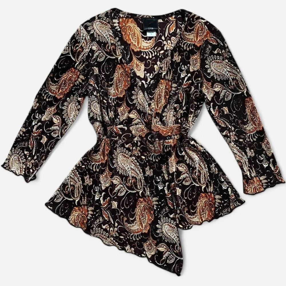VTG Y2K JTB Dark Brown & Orange Paisley Pleated Asymmetrical Fairycore Boho Top